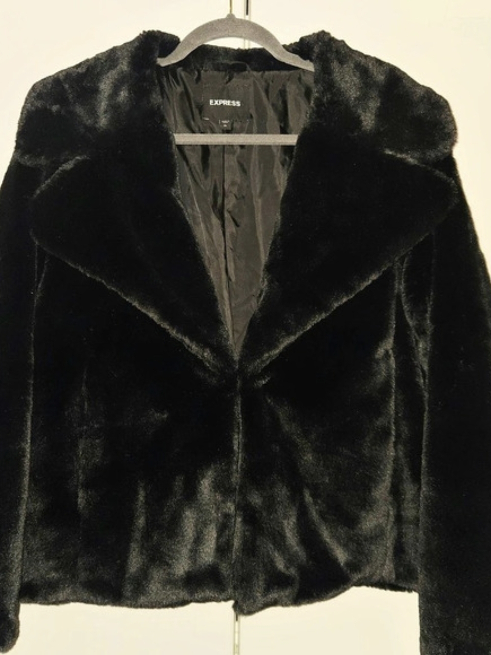 Express Black Faux Fur Wide Lapel Crop Jacket XL Hook Eye Closure